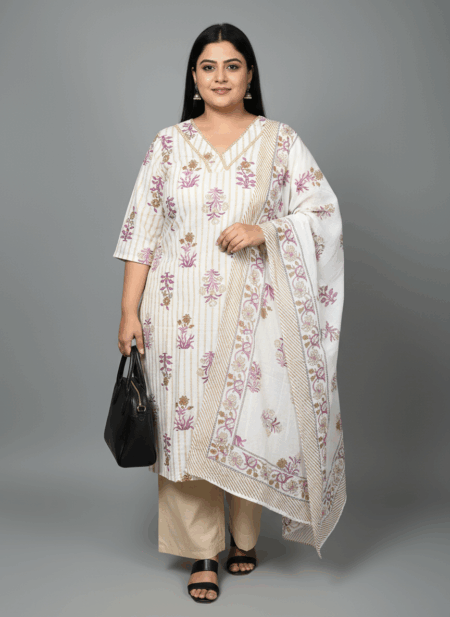 Off-White and Beige Floral Printed Cotton Kurta Set with Dupatta for Women (Plus Size)