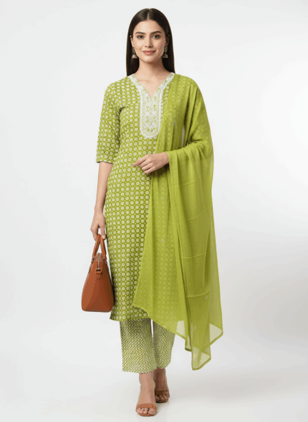 Elegant Green Printed Cotton Kurta Set with Dupatta for Women
