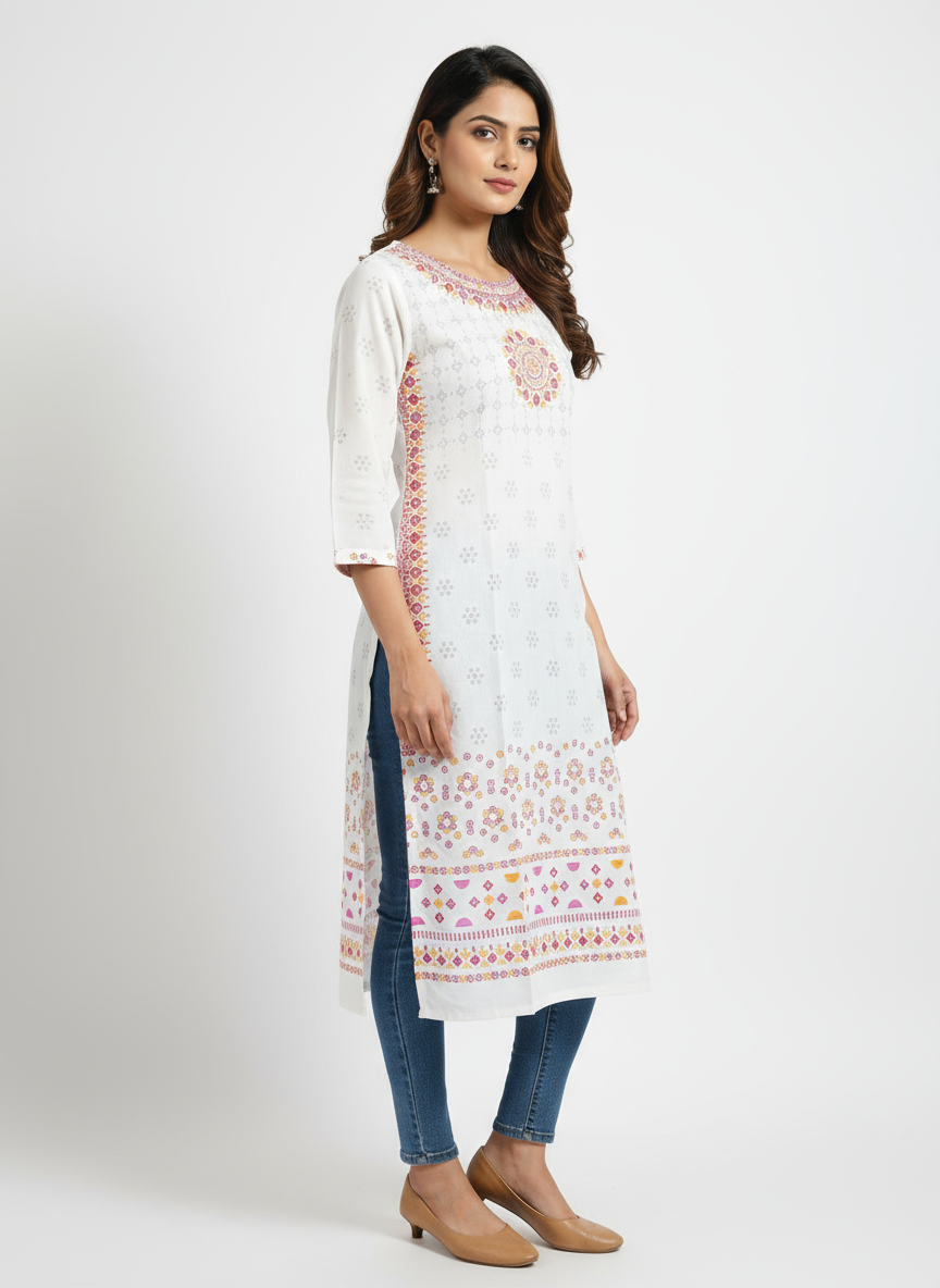 Elegant White Printed Cotton Kurti for Women | Ethnic Wear for Everyday Style