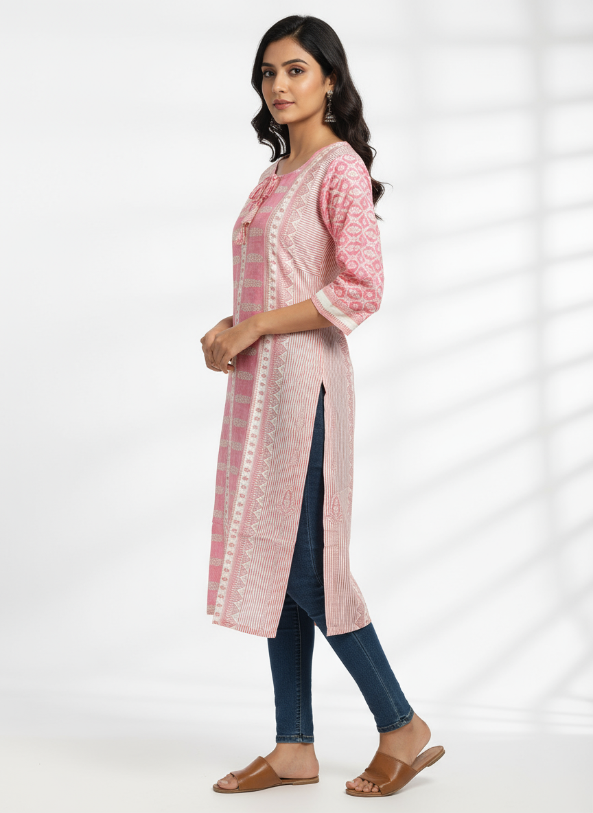 Stylish Pink Printed Cotton Kurti for Women – Elegant Ethnic Wear