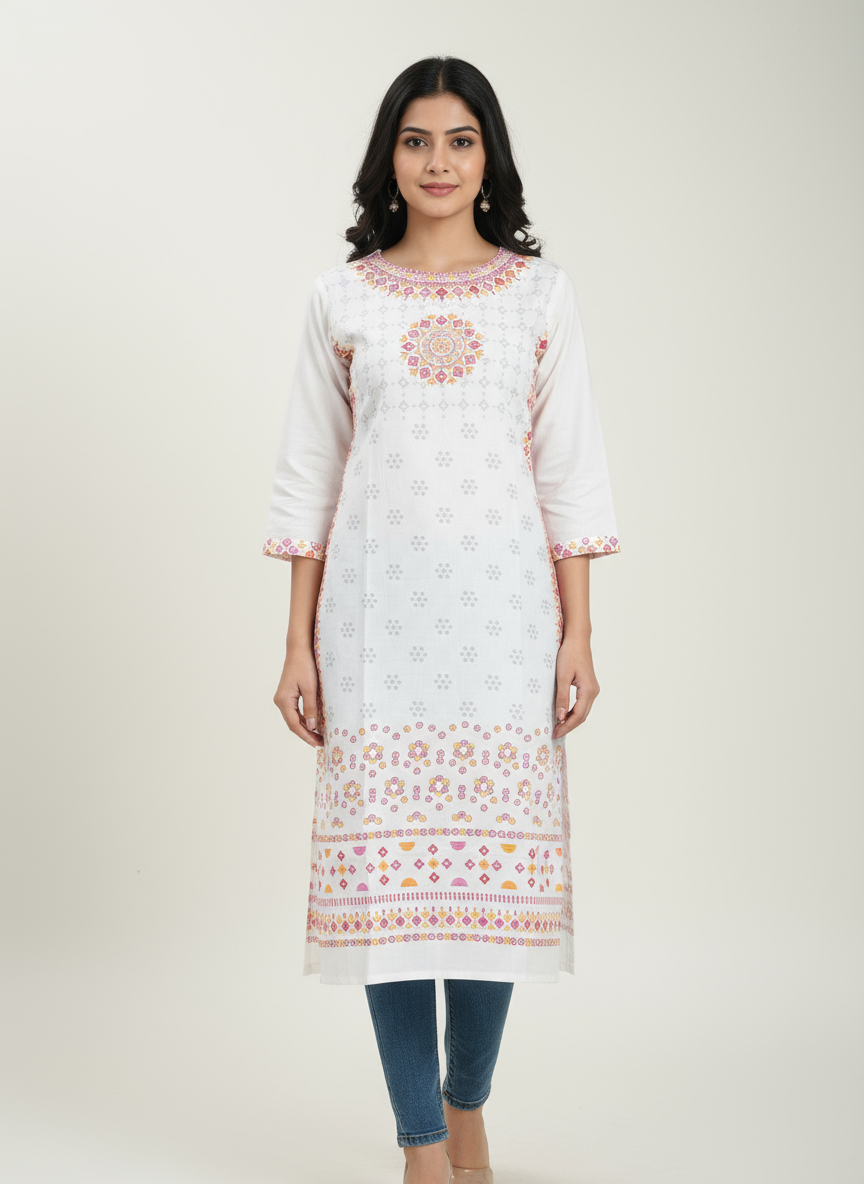 Elegant White Printed Cotton Kurti for Women | Ethnic Wear for Everyday Style