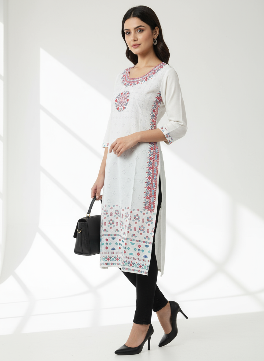 White Printed Cotton Straight Kurti for Women – Ethnic Wear with Stylish Neck Design