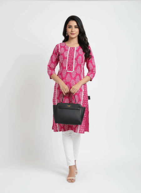 Elegant Pink Printed Cotton Kurti for Women – Perfect for Office & Everyday Wear