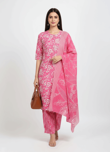 Pink Cotton Floral Printed Kurta Set with Dupatta for Women