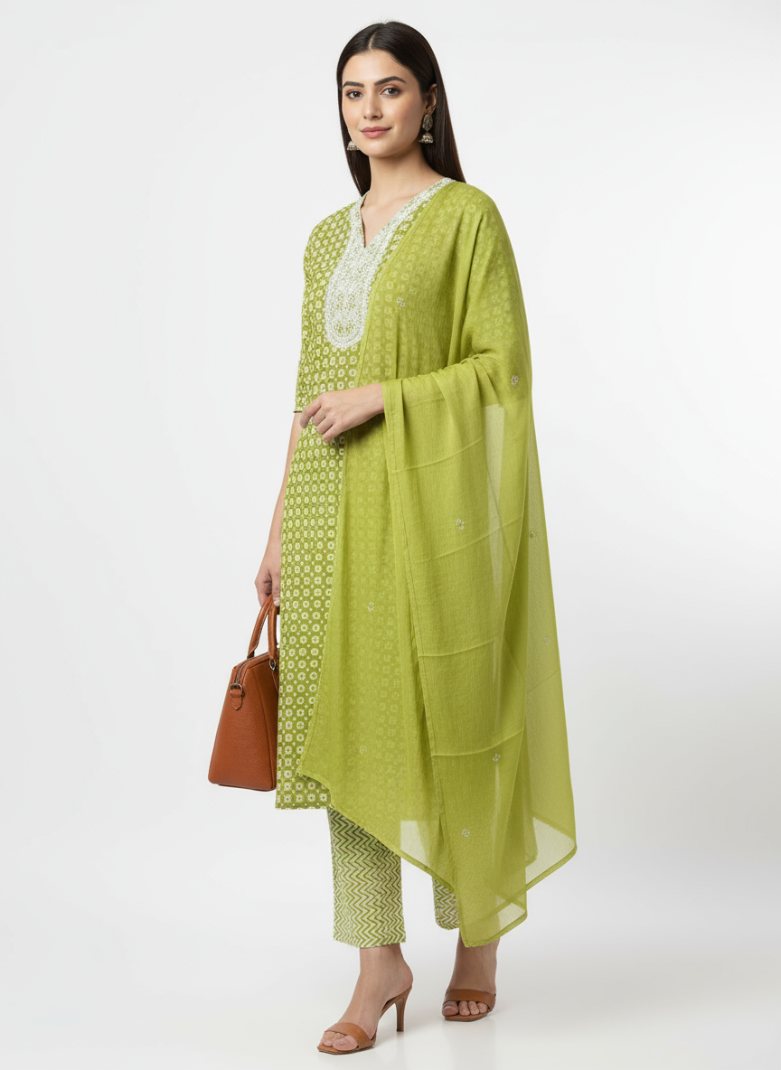 Elegant Green Printed Cotton Kurta Set with Dupatta for Women