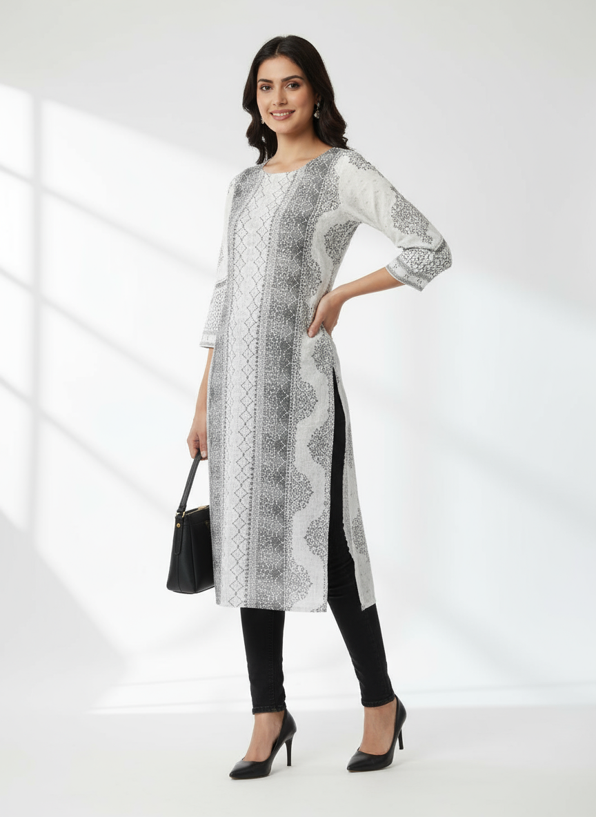 Elegant Grey and White Printed Cotton Kurti for Women | Office & Casual Wear