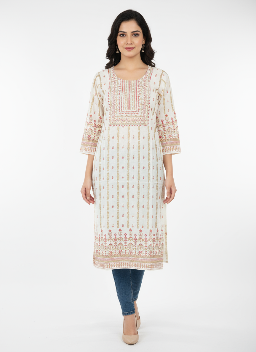 Elegant White Printed Cotton Kurti for Women – Ethnic Wear with 3/4 Sleeves