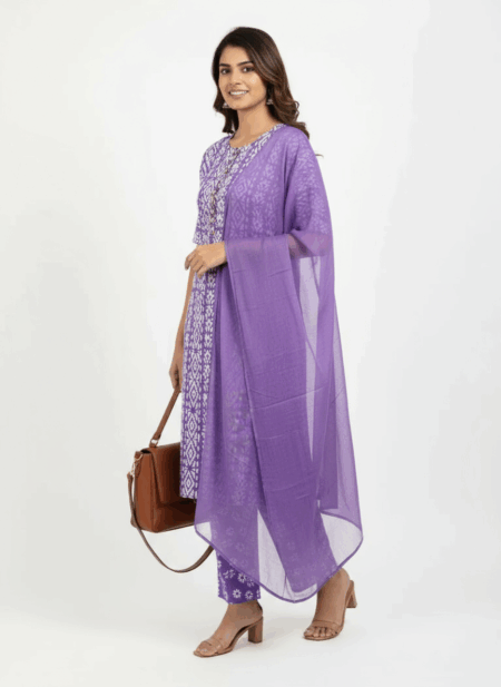 Lavender Purple and White Ikat Print Three-Piece Cotton Suit Set with Chiffon Dupatta