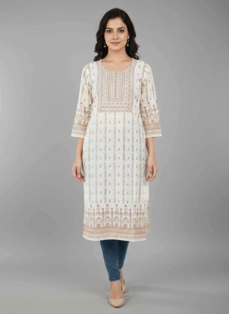 Elegant White Printed Cotton Kurti for Women – Ethnic Wear with 3/4 Sleeves