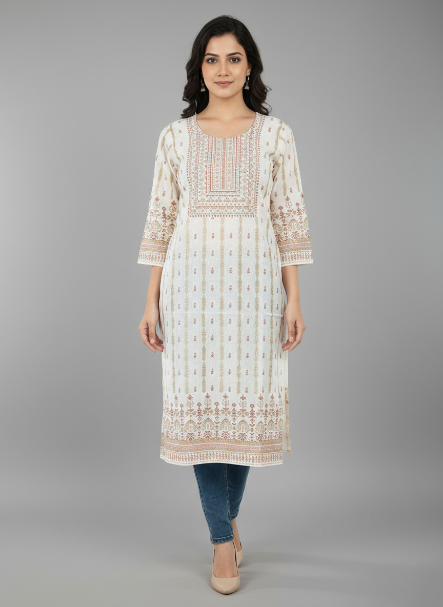 Elegant White Printed Cotton Kurti for Women – Ethnic Wear with 3/4 Sleeves