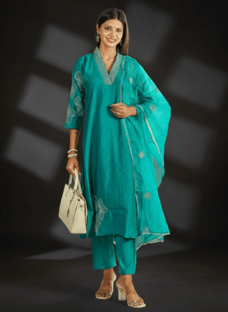 Teal Embroidered Silk Kurta Set with Dupatta