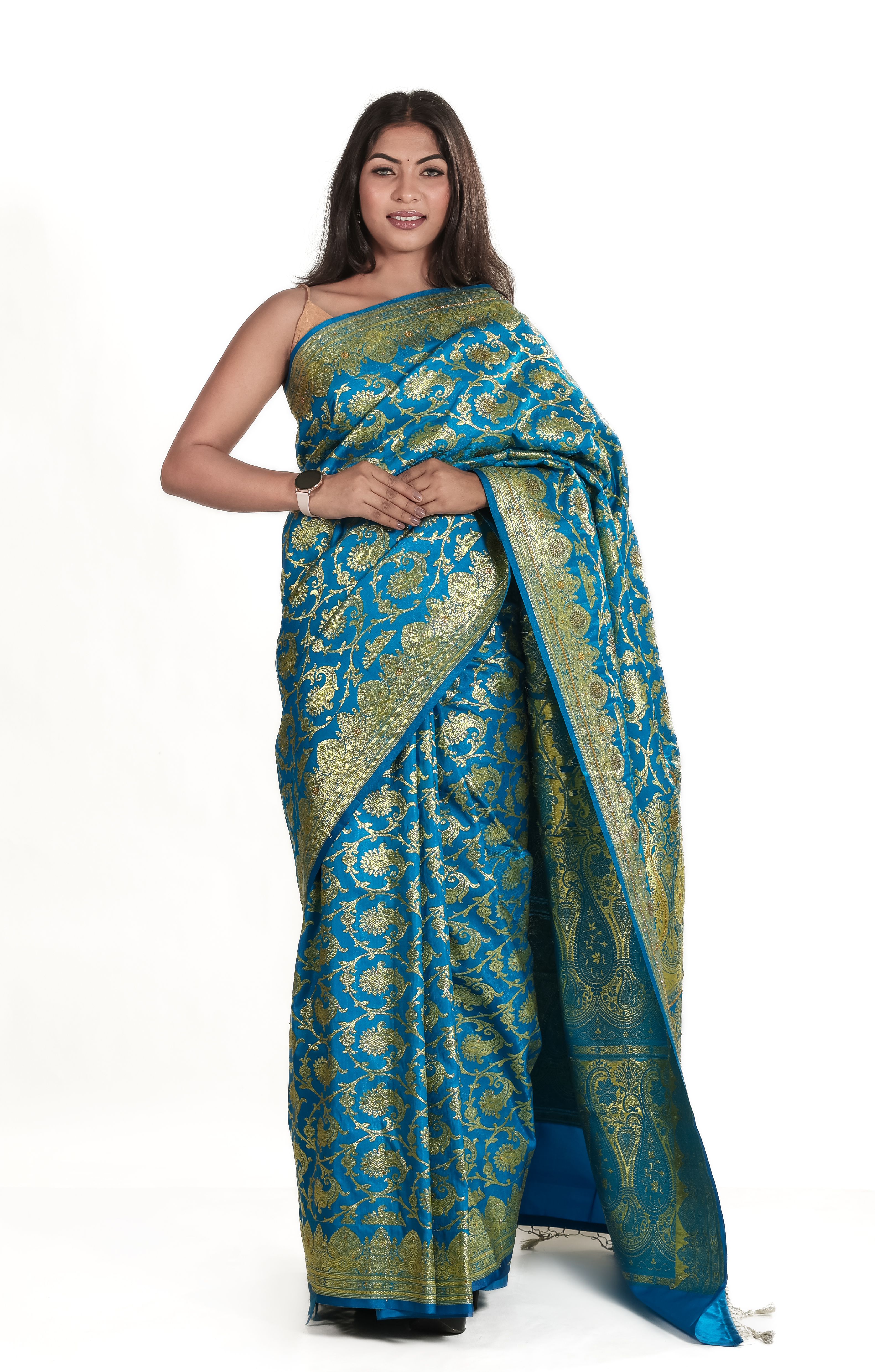 Teal Blue Banarasi Silk Saree for Women with Golden Zari Weaving | Wedding & Festive Wear