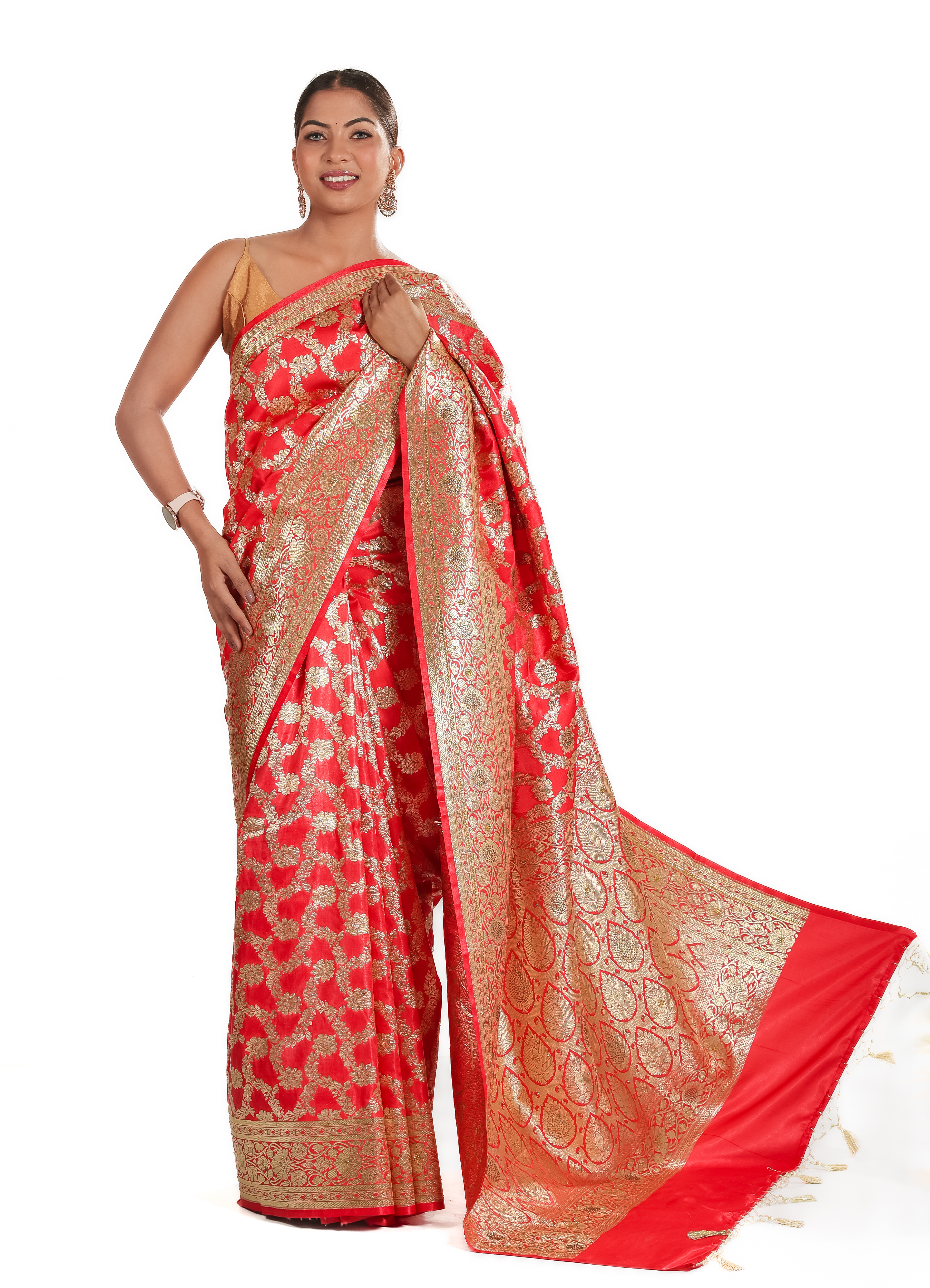 Red Banarasi Silk Saree With Rich Golden Zari Weaving