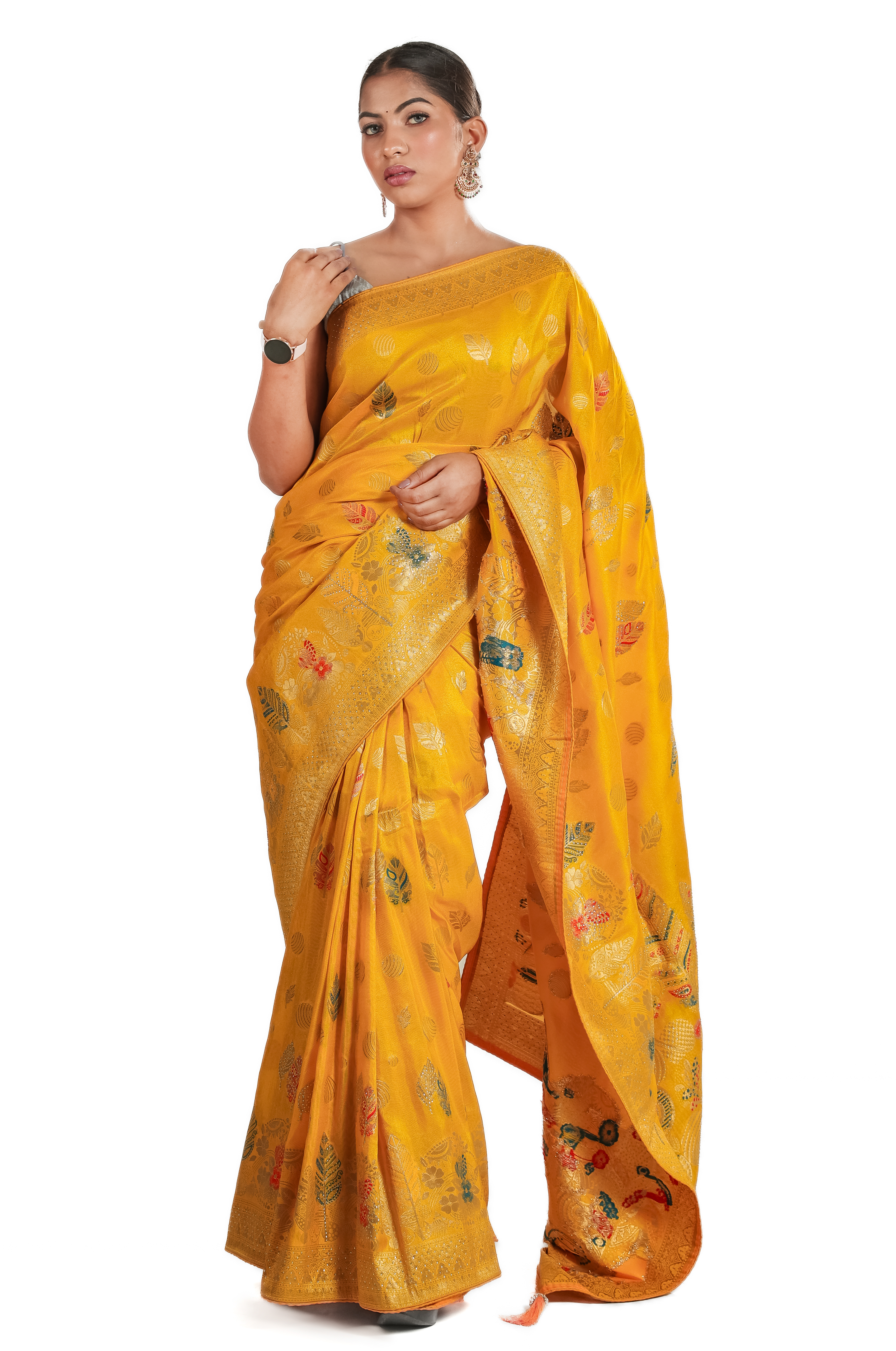 Mustard Yellow Banarasi Silk Saree with Multicolor Leaf Weaving & Rich Zari Border