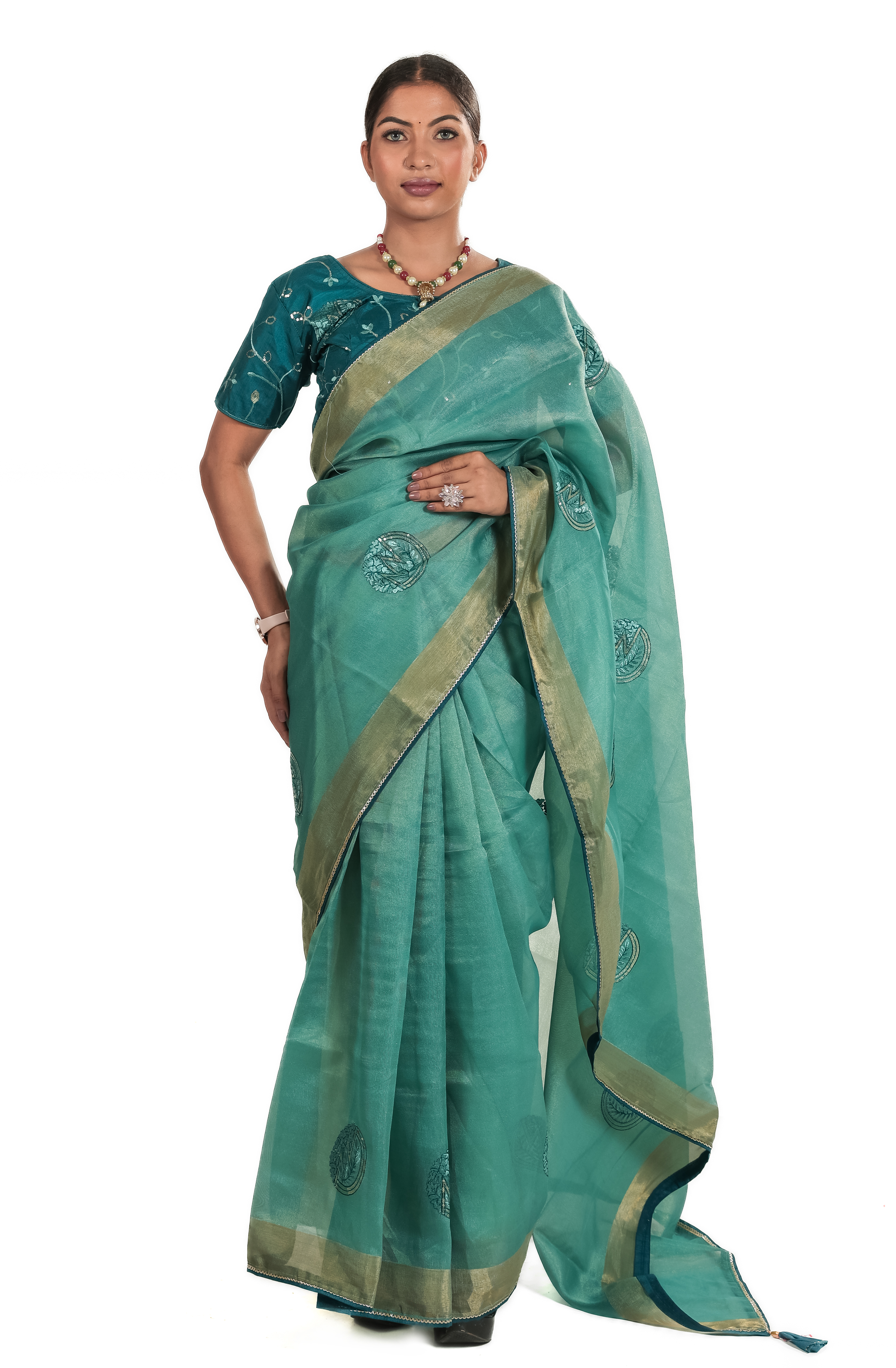 Teal Green Organza Saree with Embroidered Stitched Blouse | Premium Party & Festive Wear Saree