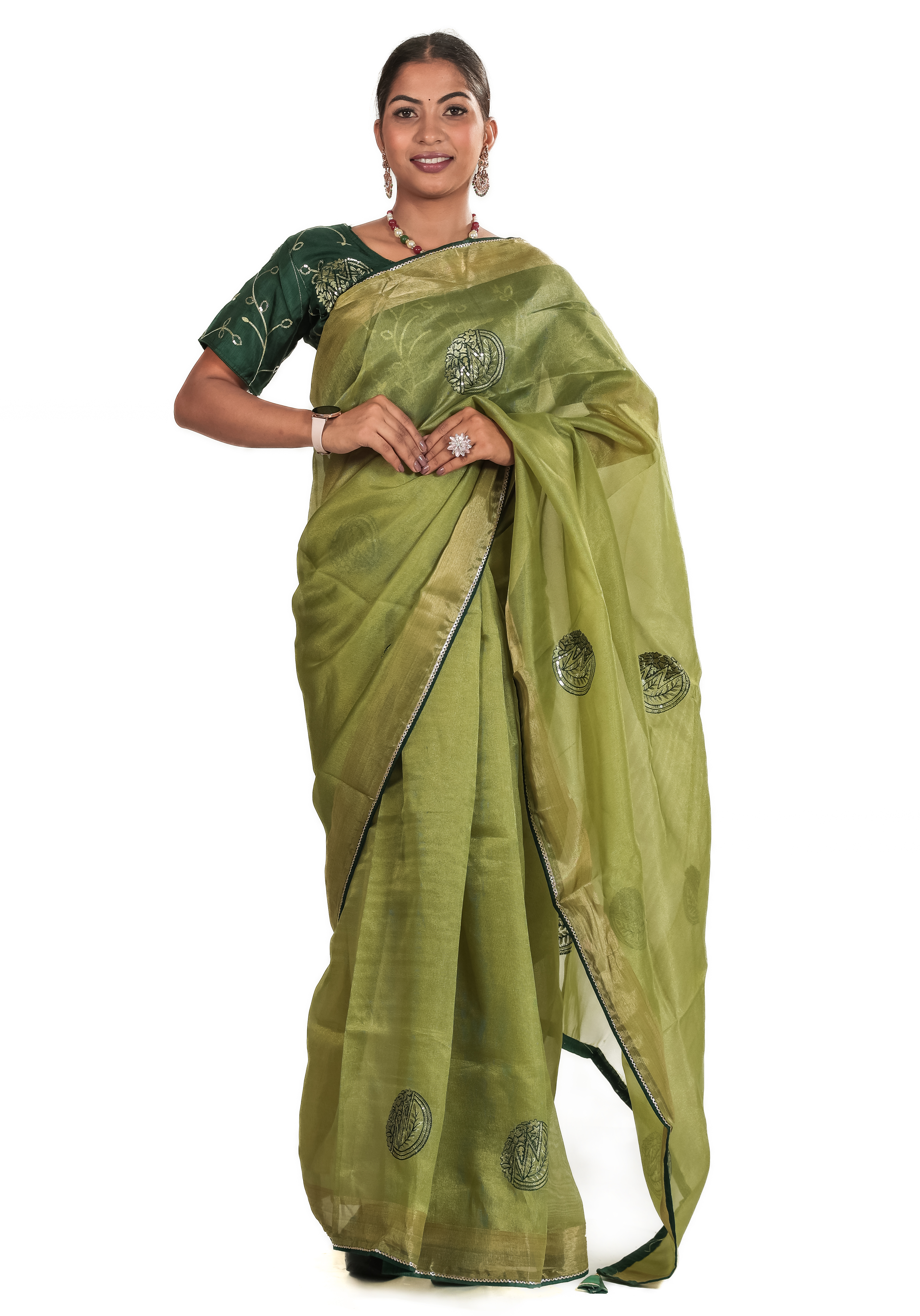 Elegant Olive Green Organza Saree with Embroidered Motifs