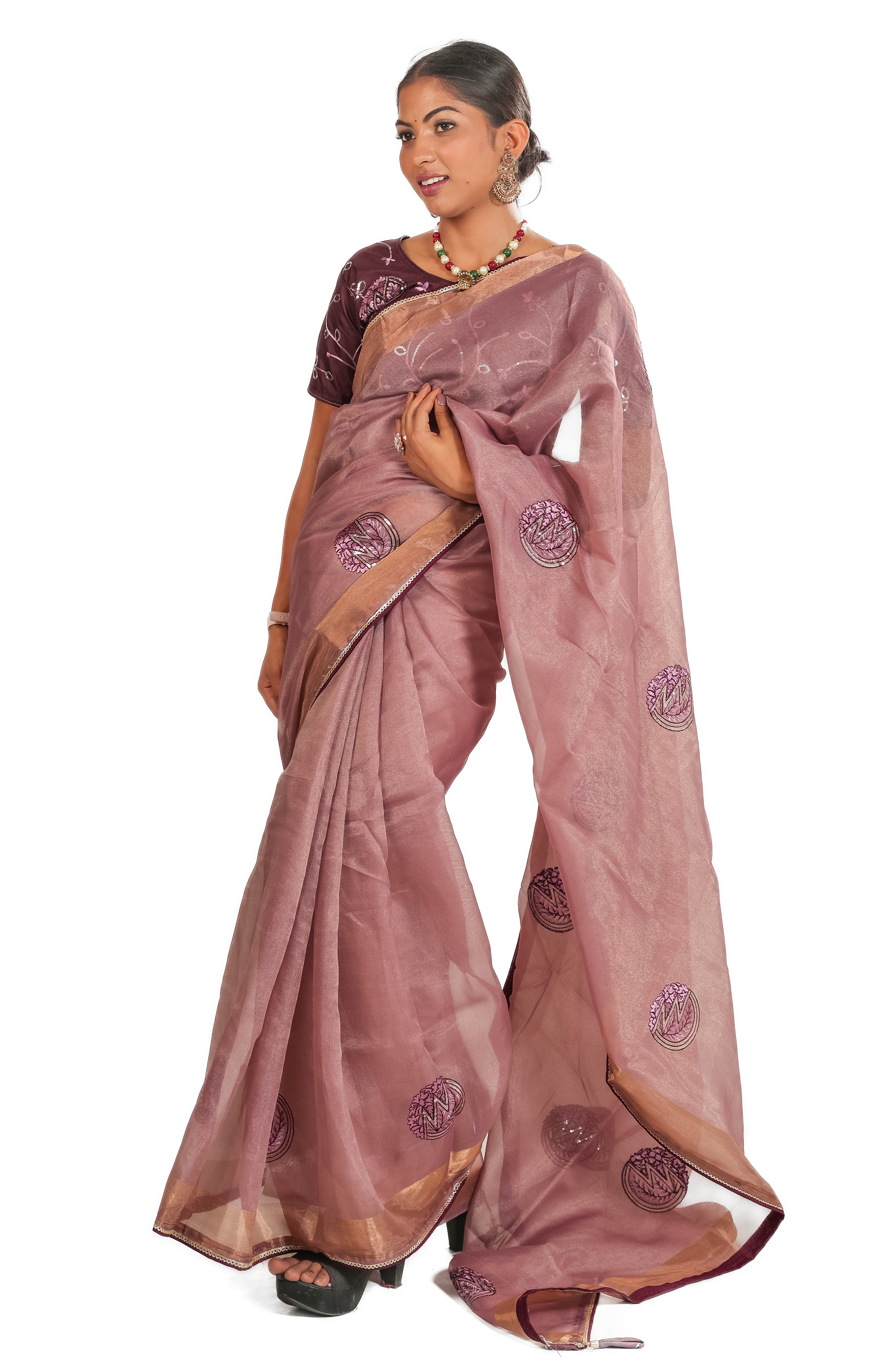 Premium Dusty Rose Organza Saree with Embroidered Motifs & Stitched Blouse