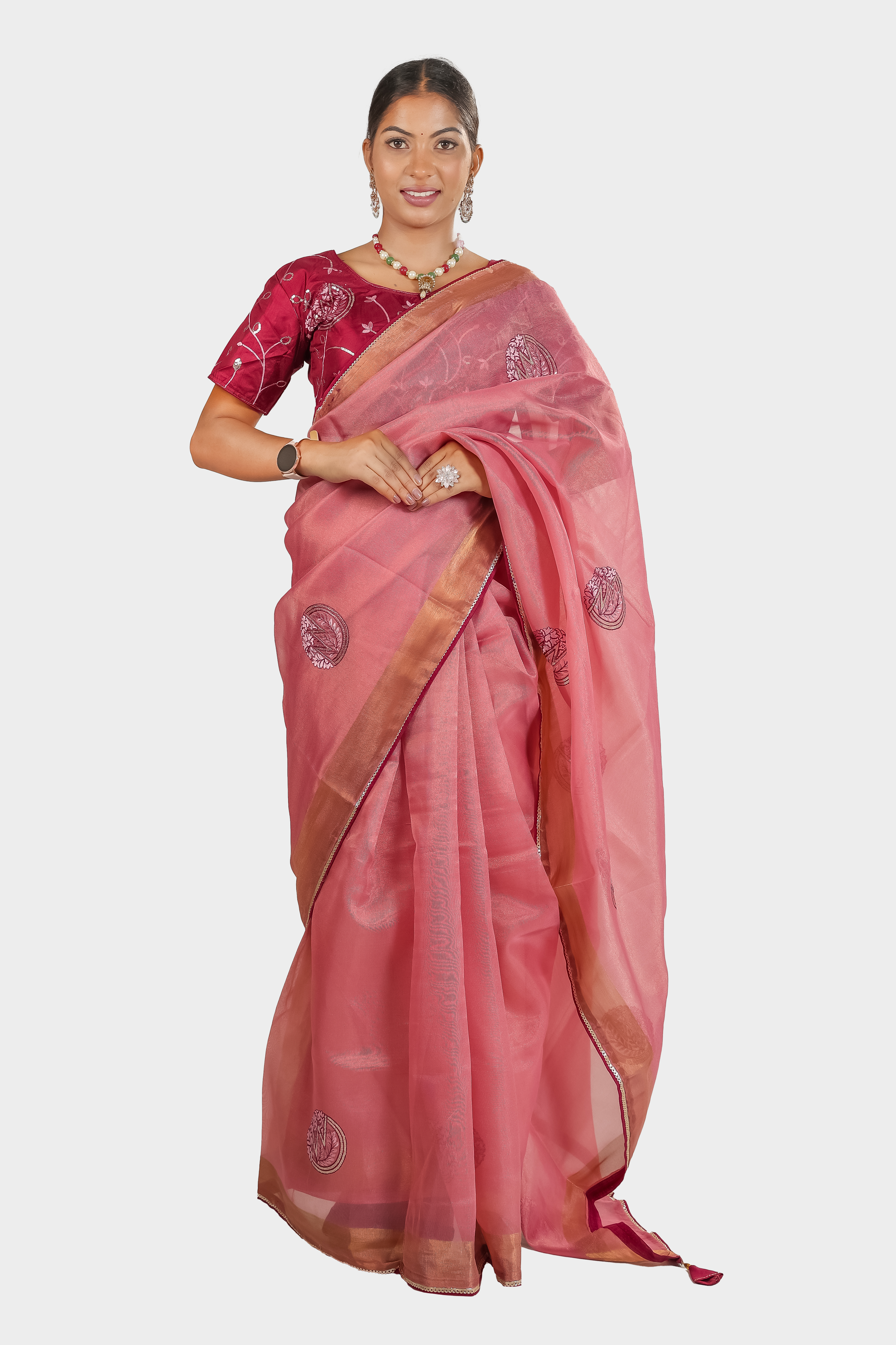 Pink Organza Saree with Embroidered Stitched Blouse | Elegant Party & Festive Wear Saree