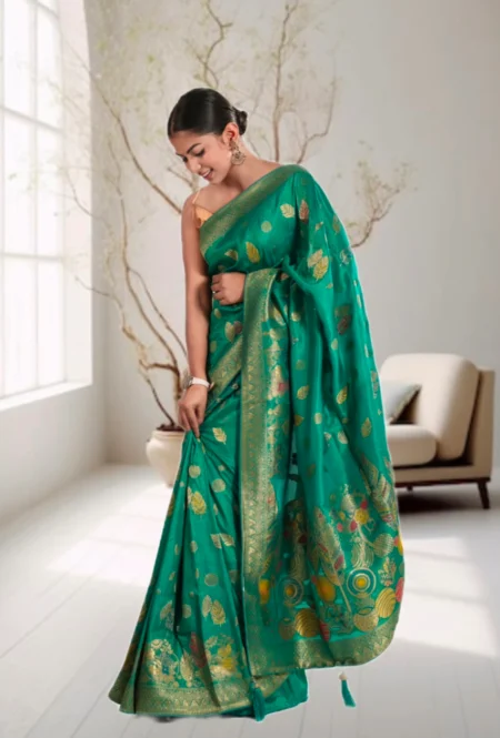 Mashuka Teal Green Banarasi Silk Saree with Rich Zari Weaving & Blouse