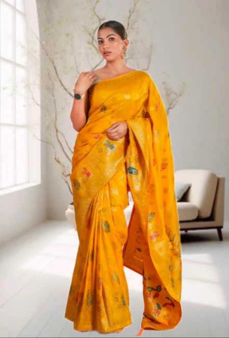 Mustard Yellow Banarasi Silk Saree with Multicolor Leaf Weaving & Rich Zari Border
