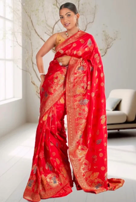 Red Banarasi Silk Saree with Blouse – Traditional Zari Woven Festive Wear Saree