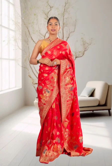 Red Banarasi Silk Saree with Blouse – Zari Woven Wedding & Festive Wear Saree