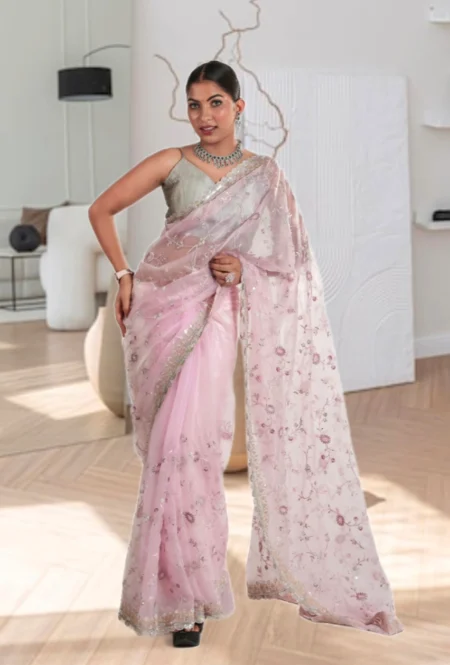 Elegant Light Pink Designer Net Saree with Embroidery & Sequins Work