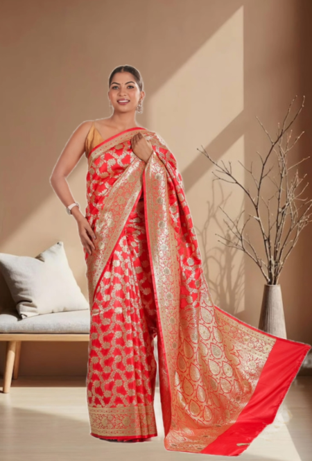 Red Banarasi Silk Saree With Rich Golden Zari Weaving