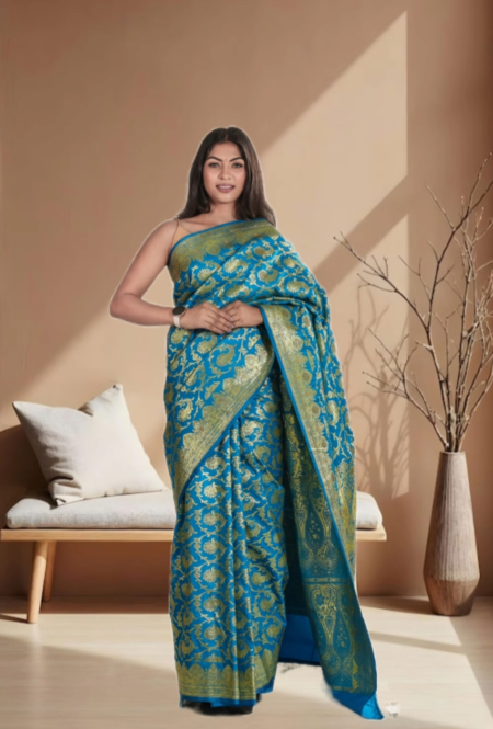 Teal Blue Banarasi Silk Saree for Women with Golden Zari Weaving | Wedding & Festive Wear