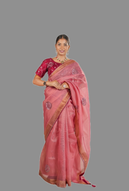 Pink Organza Saree with Embroidered Stitched Blouse | Elegant Party & Festive Wear Saree