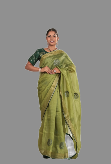 Elegant Olive Green Organza Saree with Embroidered Motifs