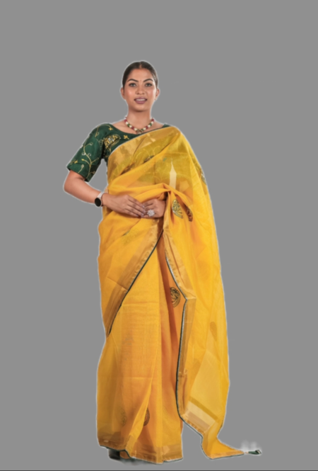 Yellow Organza Saree with Green Stitched Blouse – Elegant Lightweight Party Wear Saree