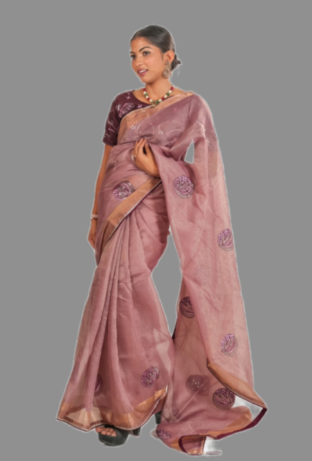 Premium Dusty Rose Organza Saree with Embroidered Motifs & Stitched Blouse