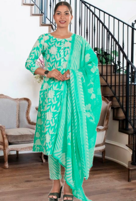 Sea Green Floral Printed Cotton Suit Set