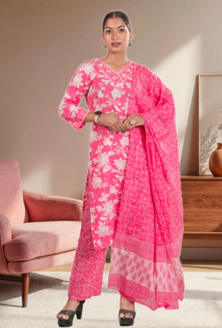 Pink Floral Printed Kurti Set with Dupatta