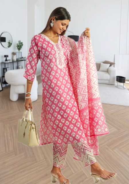 Pink Floral Printed Kurti Set with Dupatta