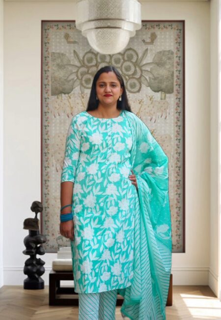 Sea Green Floral Printed Cotton Suit Set