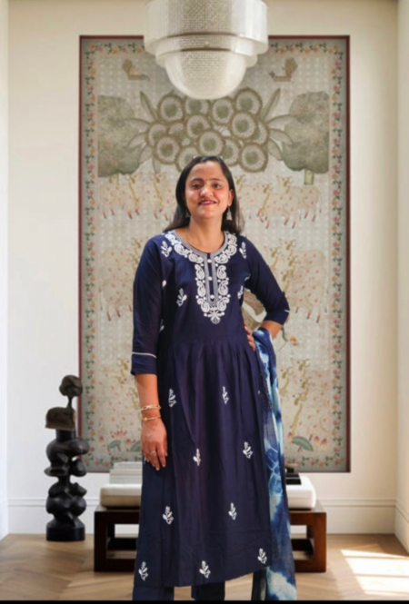 Navy Blue Embroidered Kurti Set with Dupatta