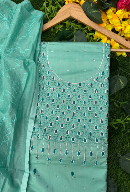 Mandola Embroidered Unstitched Suit Set with Dupatta – Sea Green & Peach