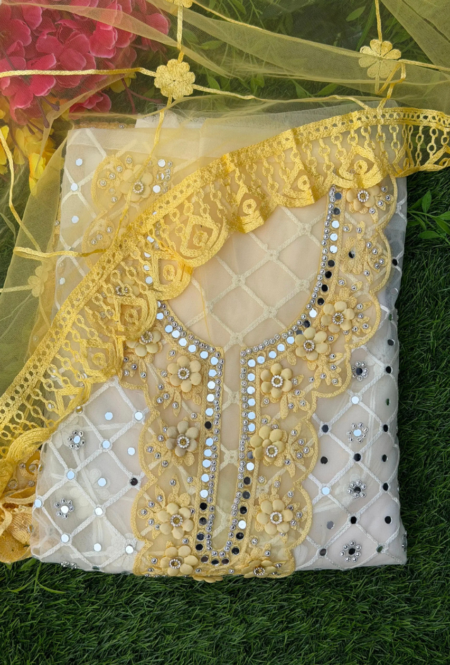Yellow Net Darwaza Style Heavy Embroidered Unstitched Suit Set with Inner