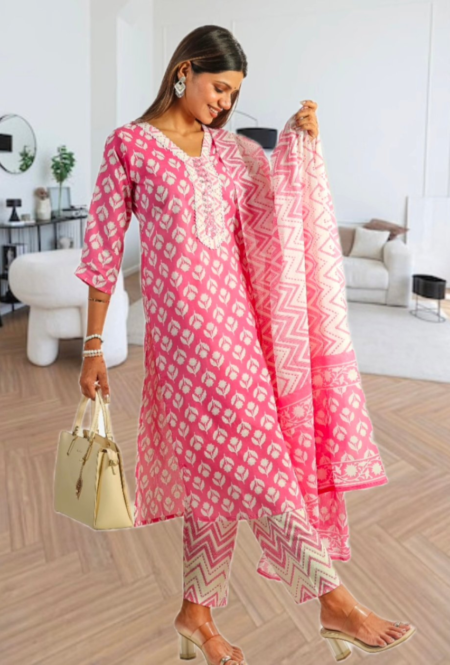 Pink Floral Printed Kurti Set with Dupatta